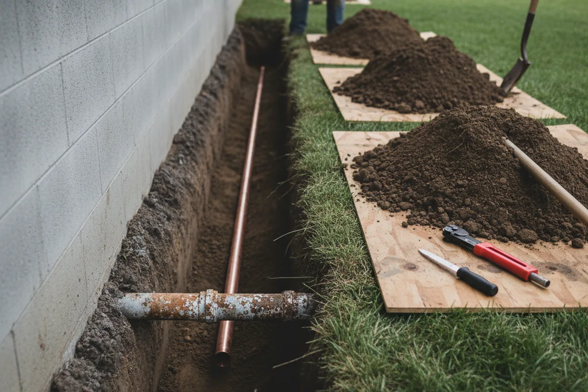 Excavated water line trench during Water Heater Repair in Bantam